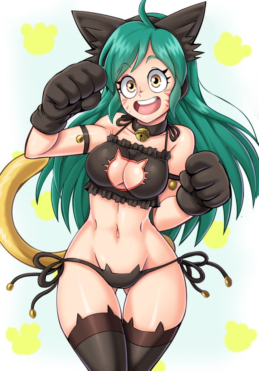 1girls abs animal_ears bell belly blush breasts cat_cutout cat_ears cat_keyhole_bra cat_lingerie cat_tail catgirl choker cleavage clothed eyelashes female female_only gloves green_hair keyhole keyhole_bra lewdamone long_hair midriff my_hero_academia open_mouth panties ragdoll_(my_hero_academia) side-tie_panties simple_background smile solo standing teeth thigh_gap thighhighs tomoko_shiretoko tongue white_background wide_hips yellow_eyes