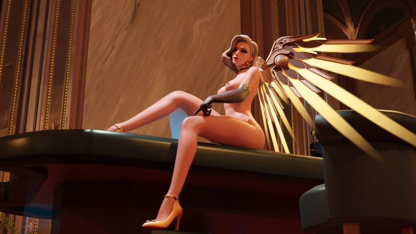 1girls 3d 3d_(artwork) blender blonde_hair breasts female female_only formalwear_mercy high_heels legs long_legs looking_at_viewer low-angle_view mercy mercy_(overwatch) naked naked_female nipples overwatch overwatch_2 pose posing ringmaster3d solo wings