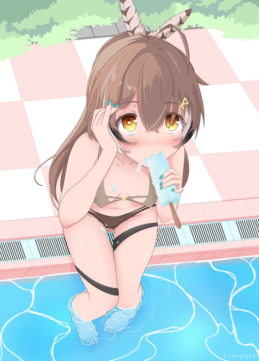 absurdres aqua_nails bikini black_hair breasts brown_hair cleavage day feather_hair_ornament feathers female food food_in_mouth hair_ornament heart heart-shaped_pupils highres holding holding_food holding_popsicle hololive hololive_english hololive_english_-council- hololive_english_-promise- ice_cream implied_fellatio looking_at_viewer melting multicolored_hair nail_polish nanashi_mumei navel partially_submerged phallic_symbol pool poolside popsicle popsicle_in_mouth popsicle_stick sexually_suggestive soaking_feet streaked_hair swimsuit symbol-shaped_pupils tile_floor tiles tumy virtual_youtuber white_hair