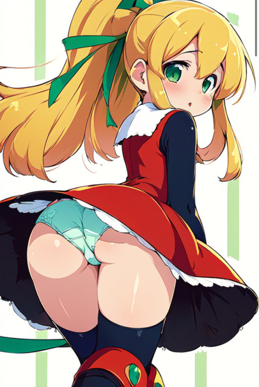 ai_generated ass blonde_hair blush cameltoe capcom dress_lift female_focus green_eyes looking_back mega_man mega_man(classic) panties ponytail ribbon roll simple_background