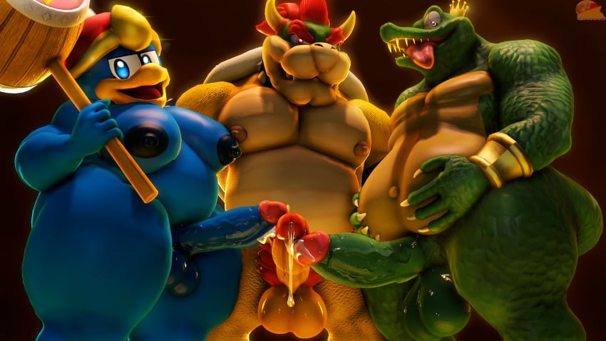 3boys 3d 3d_(artwork) 4_fingers absurd_res anthro avian bird bodily_fluids bowser claws crocodile crocodilian crocodylid cum digital_media_(artwork) donkey_kong_(series) dripping fingers gay genital_fluids genitals grinding group hi_res k_rool king king_dedede kirby_(series) koopa kremling leaking_precum male male/male mario_(series) moobs moonwulf nintendo nipples obese obese_male overweight overweight_male penguin penis precum precum_drip reptile royalty scalie slightly_chubby slightly_chubby_male source_filmmaker_(artwork) thick_thighs tongue tongue_out trio