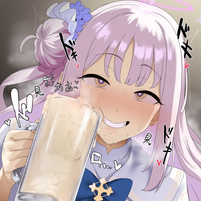 absurdres blue_archive blush cum cum_in_container cum_in_cup cup daroon5 female gokkun hair_bun highres holding holding_cup imminent_gokkun long_hair mika_(blue_archive) purple_hair solo sound_effects stray_pubic_hair sweat upper_body