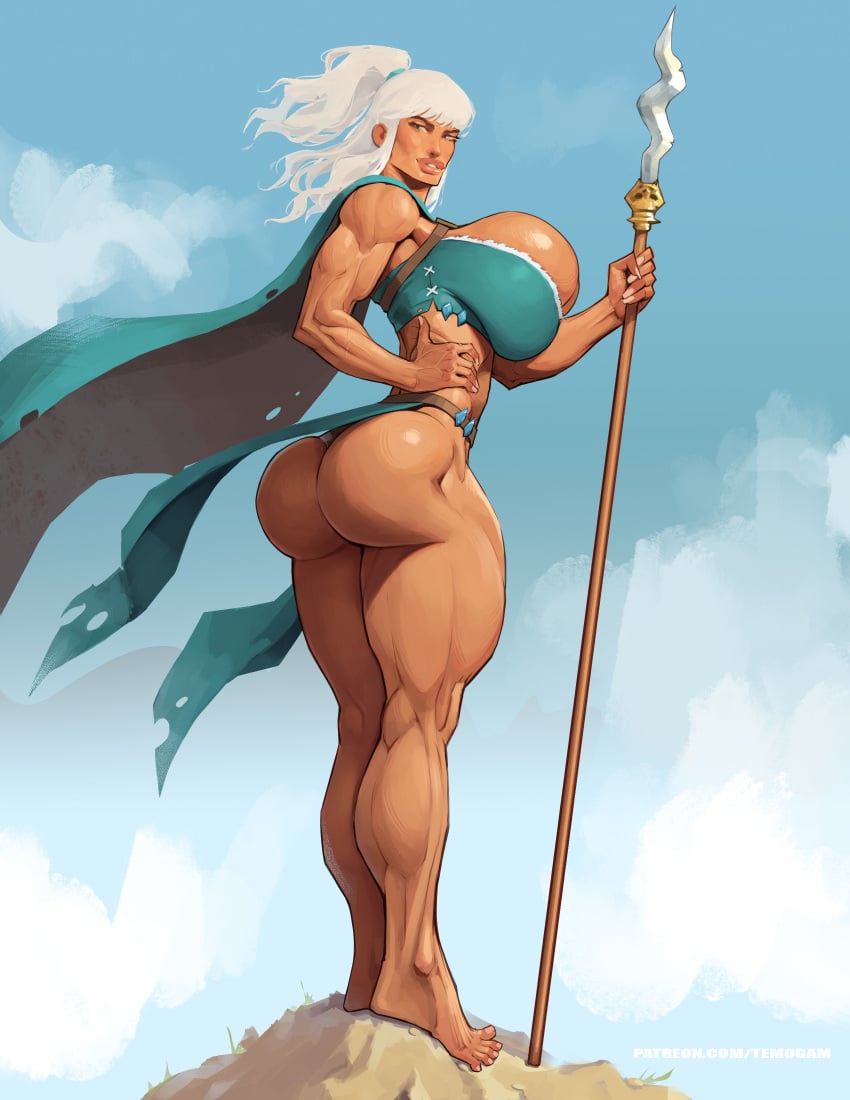 1girls barefoot big_ass_(female) female female_only muscular_ass muscular_female small_waist solo temogam tian_xiaoxiao white_hair