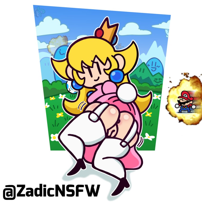 1girls anus big_ass blonde_hair crown explosion female from_front_position humor jiggling_ass lingerie looking_at_viewer luigi mario mario_(series) mostly_clothed nintendo pearl_earrings princess_peach pussy royalty smile super_mario_bros. terminalmontage thick_thighs thigh_highs white_legwear yellow_hair zadicnsfw