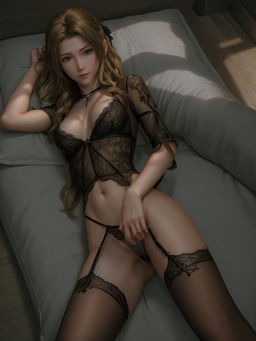 aerith_gainsborough ai_generated bed bedroom brown_hair female final_fantasy final_fantasy_vii final_fantasy_vii_rebirth final_fantasy_vii_remake green_eyes hourglass_figure light-skinned_female