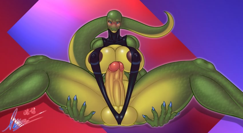 1futa anthro bald balls big_breasts big_penis bikini blush breasts clothed clothing dickgirl futanari green_scales intersex lizard metoe non-mammal_breasts partially_clothed penis reptile scales scalie sling_bikini solo spread_legs spreading sweat swimsuit