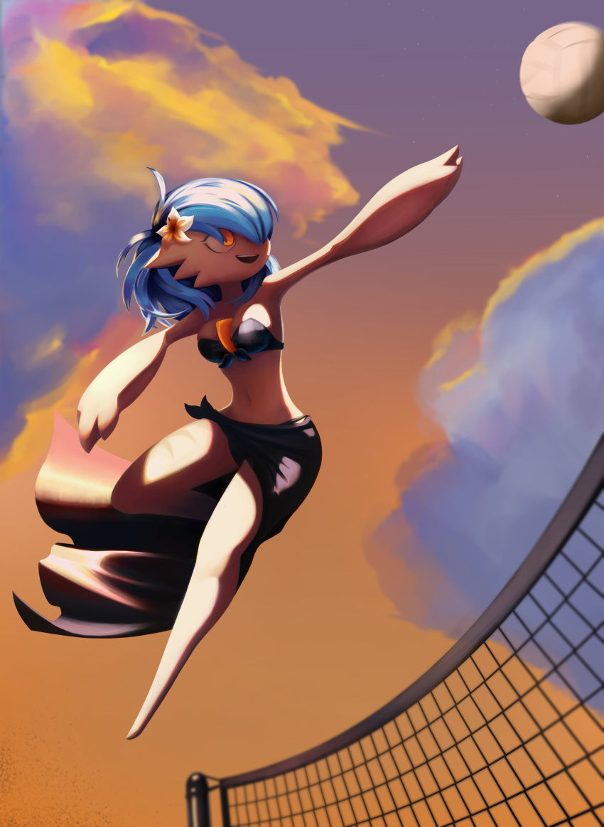 alternate_color beach black_bra black_skirt blue_hair cute gardevoir jumping medium_breasts orange_eyes outdoor outdoors outside pokemon pokemon_(species) polyvoir shiny_gardevoir shiny_pokemon skirt smile swimsuit violet_(polyvoir) volleyball volleyball_net