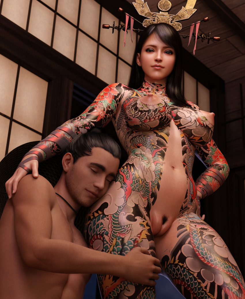 1boy 1girls 3d crown erect_nipples female_pubic_hair full_body_tattoo irezumi kiku_(skyarsenic) long_hair looking_down pubic_hair pussy_lips short_hair skyarsenic tattoo tattoos