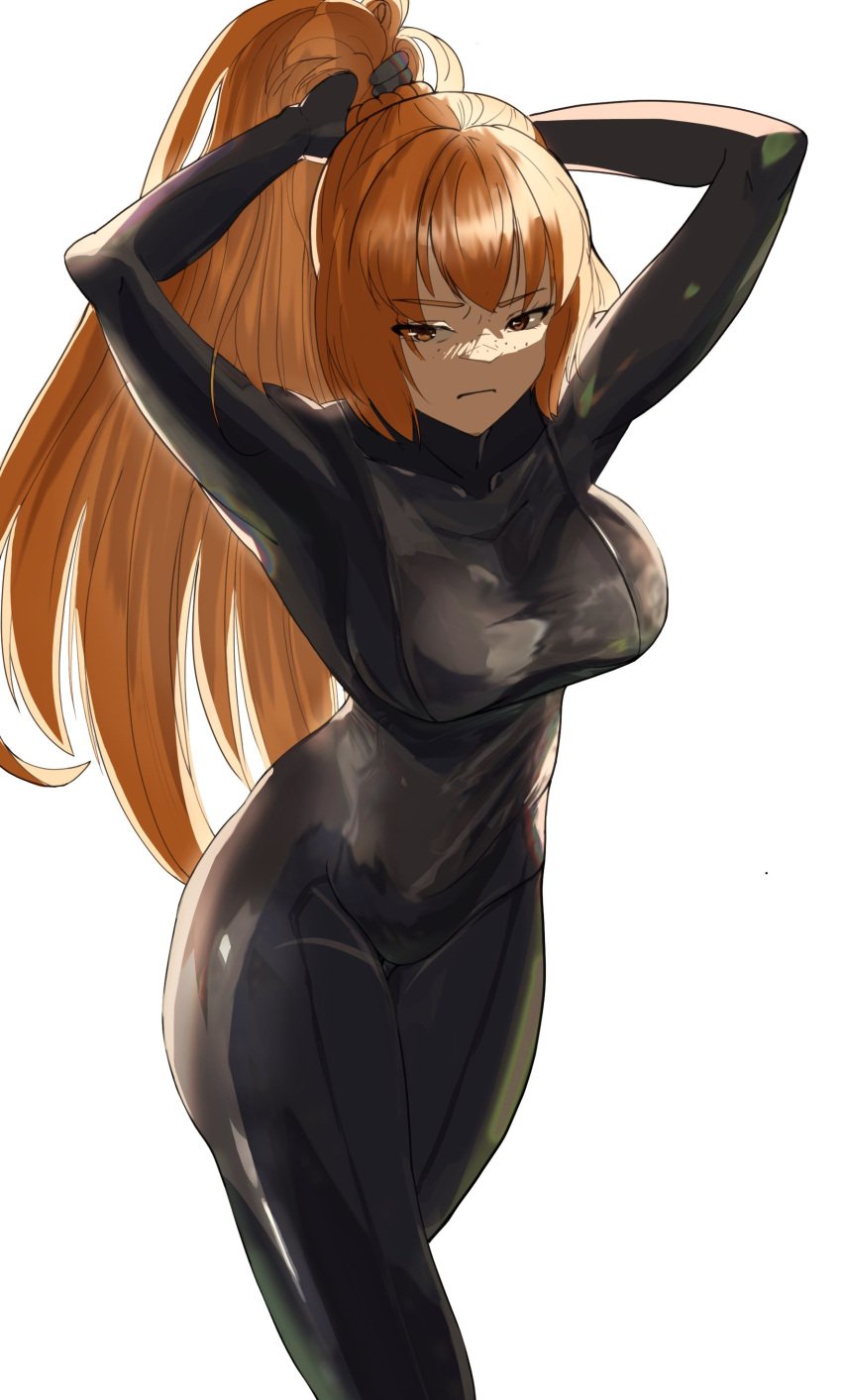 1girls big_breasts bodysuit diving_suit female freckles ginger ishmael_(limbus_company) jpeg latex limbus_company long_hair orange_hair ponytail project_moon redhead rubber skimpy thick_thighs tight_clothing very_long_hair wetsuit