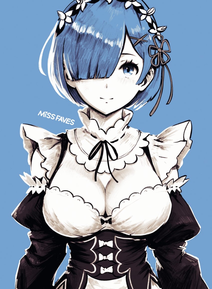 1girls apron artist_name black_dress blue_background blue_eyes blue_hair blue_theme breasts cleavage closed_mouth commentary detached_collar detached_sleeves dress english_commentary female hair_ornament hair_over_one_eye highres large_breasts long_sleeves maid maid_headdress missfaves pink_ribbon re:zero_kara_hajimeru_isekai_seikatsu rem_(re:zero) ribbon roswaal_mansion_maid_uniform short_hair smile solo upper_body white_apron x_hair_ornament