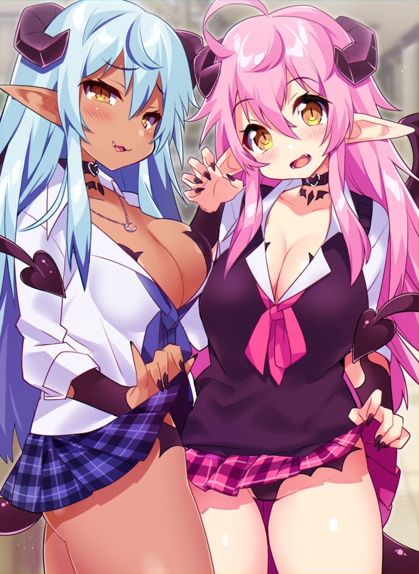 2girls :3 ahoge black_nails black_panties blue_hair blue_skirt breasts brown_eyes choker cleavage clothes_lift collarbone cosmic_sasami crescent crescent_necklace cute_fang dark-skinned_female dark_skin demon_girl demon_horns demon_tail demon_wings fellatio_gesture female fingernails hair_between_eyes heart heart_choker high_res horns jewelry large_breasts long_hair long_sleeves looking_at_viewer msp_sammy multiple_girls nail_polish necklace oerba_yun_fang original painted_nails panties pink_hair pink_skirt pleated_skirt pointy_ears sharp_fingernails shortstack skirt skirt_lift slit_pupils succubus succubus_horns succubus_tail succubus_wings tail thigh_gap underwear wings