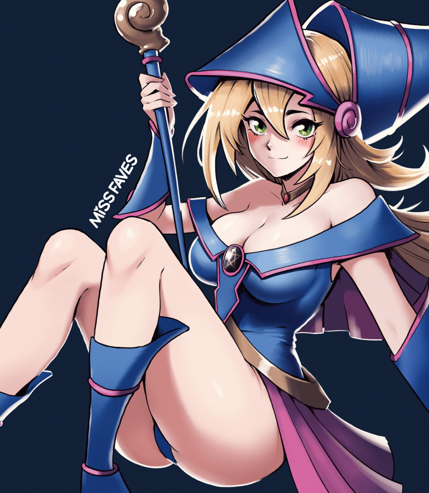 bare_shoulders blonde_hair blue_background blue_leotard blush boots breasts closed_mouth dark_magician_girl duel_monster female green_eyes hat highres holding holding_staff large_breasts leotard missfaves pentagram pink_skirt skirt smile solo staff thighs wizard_hat yu-gi-oh! yu-gi-oh!_duel_monsters