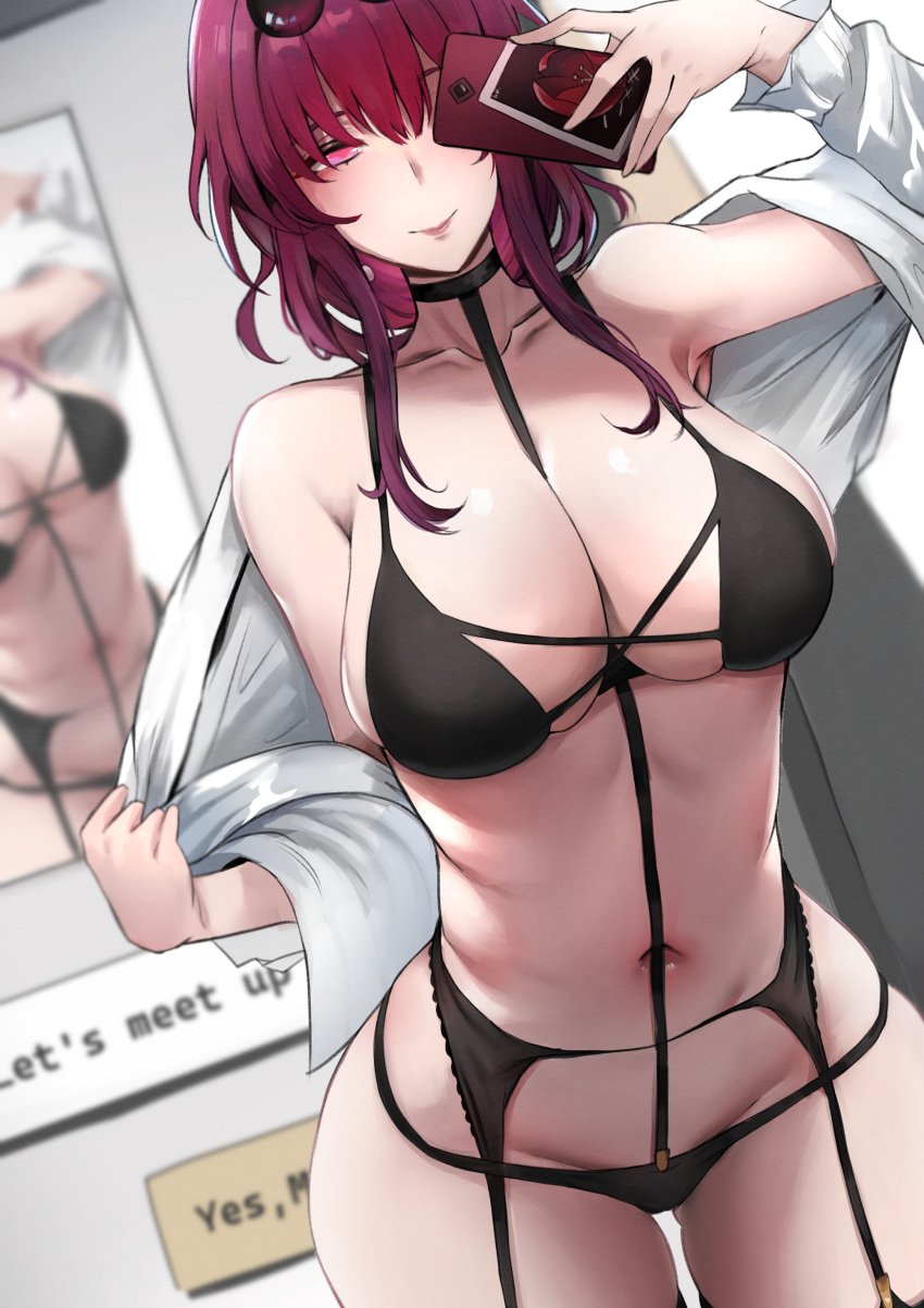 1girls female female_focus female_only hans-kun honkai:_star_rail kafka_(honkai:_star_rail) large_breasts leash lingerie phone selfie solo taking_clothes_off