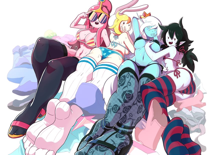 4girls adventure_time ass big_breasts bikini black_hair blonde_hair blush blush_stickers breast_grab breasts bunny_ears bunny_hood bunnygirl busty cleavage clothing eyelashes feet female fionna_the_human_girl foot_fetish gashi-gashi hand_on_breast human ice_queen_(adventure_time) long_hair looking_at_viewer marceline mob_face multiple_girls panties pink_hair princess_bubblegum skimpy stockings striped striped_clothing striped_legwear sunglasses sweat sweaty_ass sweaty_breasts tagme thighhighs vampire voluptuous white_hair wide_hips