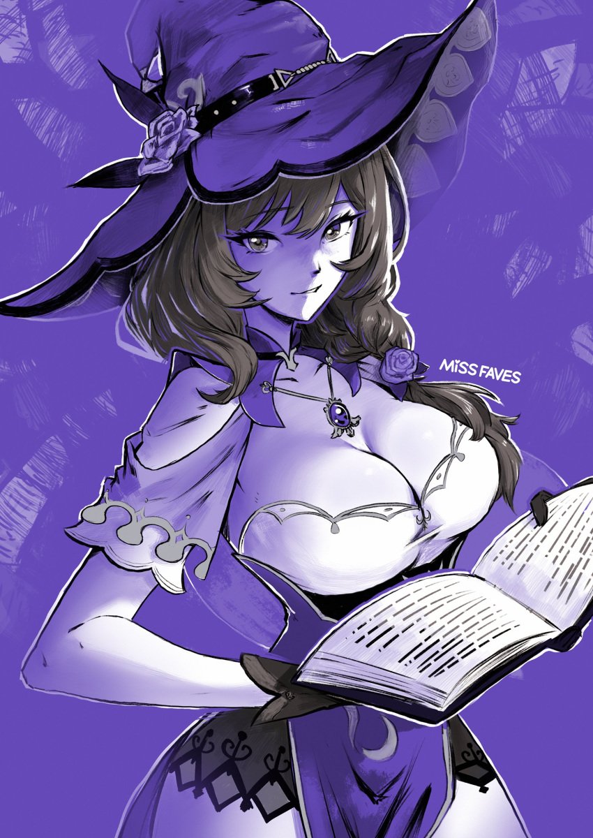 absurdres artist_name black_gloves book breasts brown_hair cleavage commentary corset english_commentary female flower genshin_impact gloves green_eyes hair_between_eyes hair_flower hair_ornament hat hat_flower highres holding holding_book jewelry large_breasts lisa_(genshin_impact) long_hair looking_at_viewer missfaves necklace open_book purple_background purple_corset purple_flower purple_headwear purple_rose purple_theme rose smile solo solo_female witch witch_hat