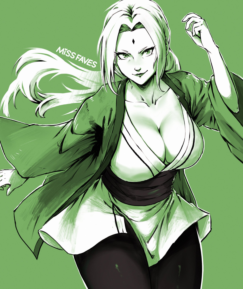 absurdres arm_up artist_name breasts cleavage closed_mouth collarbone facial_mark female floating_hair forehead forehead_mark green_background green_theme hair_intakes haori highres japanese_clothes large_breasts lips long_hair mature_female missfaves monochrome naruto naruto_(series) pants sash shirt solo tsunade