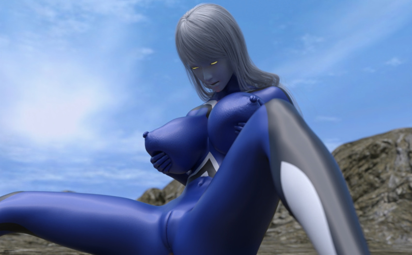 3d alien alien_girl alien_humanoid glowing_eyes landscape large_breasts nude nude_female original original_character outside silver_hair thick_thighs ultraman_(franchise) ultrawoman yellow_eyes yoidore