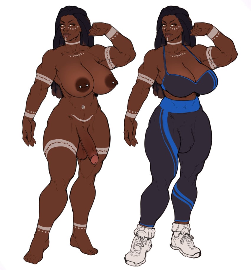 1futa african_futanari areolae balls big_breasts big_penis breasts bulge clothed clothing dark-skinned_futanari dark_skin erection fully_clothed futa_only futanari human model_sheet muscular_futanari nipples nude penis pierced_nipples solo standing tribal zionalexiel