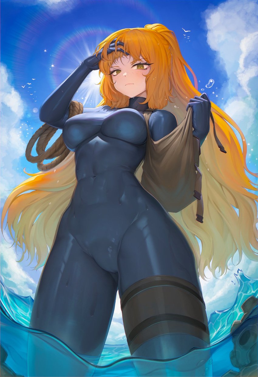 1girls big_breasts clothing diving_suit freckles ginger green_eyes ishmael_(limbus_company) latex limbus_company long_hair looking_at_viewer orange_hair ponytail project_moon redhead rope sea skimpy standing thick_thighs tight_clothing very_long_hair vest