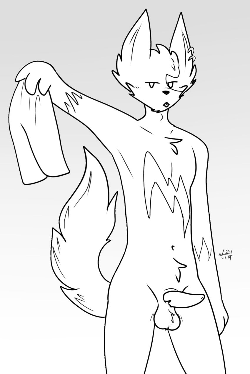 2024 adam's_apple anthro balls black_nose bottomwear clothing digital_drawing_(artwork) digital_media_(artwork) ear_piercing erection fan_character fur generation_3_pokemon genitals hi_res kiwi_(gingax) male mammal meowthicc monochrome navel nintendo nude pecs penis piercing pokemon pokemon_(species) shorts signature simple_background solo tail tongue tongue_out zangoose