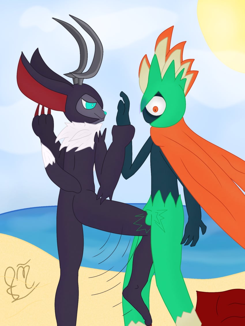 anthro ballbusting beach cock_and_ball_torture duo first_porn_of_character genital_torture hand_holding hi_res knee_on_balls knee_on_crotch knee_to_the_balls loupmoon male male/male nude pain pal_(species) palworld quoyi robinquill seaside shuddering