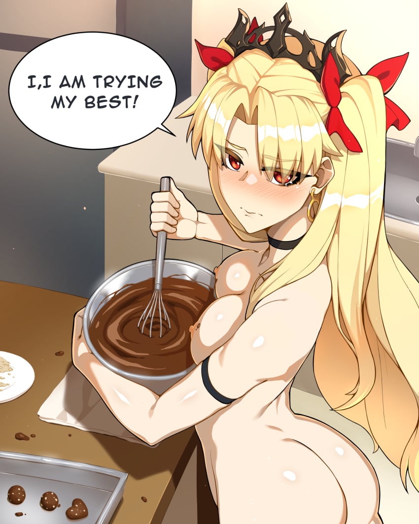 1girls baking blonde_hair blush breasts cookie cooking english_text ereshkigal_(fate) fate/grand_order fate_(series) kitchen long_hair meiji_(brand) meiji_(chocolate) nude red_eyes shiny shiny_skin standing terebozu92 text_bubble twintails