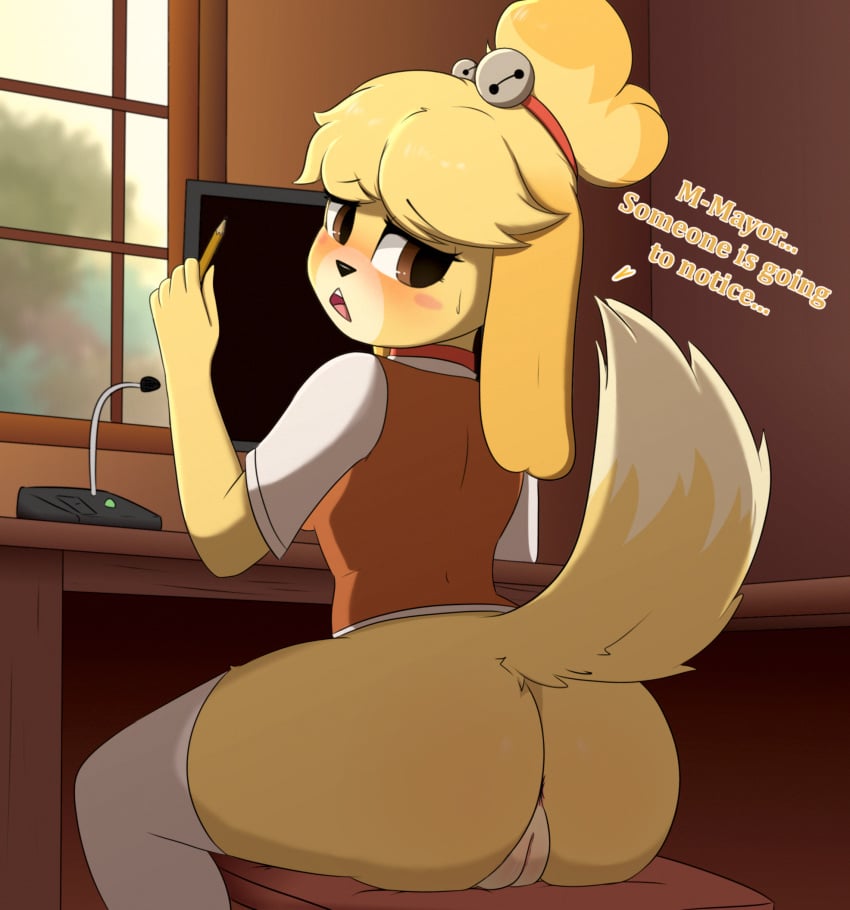 animal_crossing anthro anus artmarshmallow ass back_view bottomless canid canine canis clothed clothing domestic_dog female genitals hi_res isabelle_(animal_crossing) legwear looking_back mammal nintendo office pussy shih_tzu shirt solo stockings talking_to_viewer text topwear toy_dog voyeur