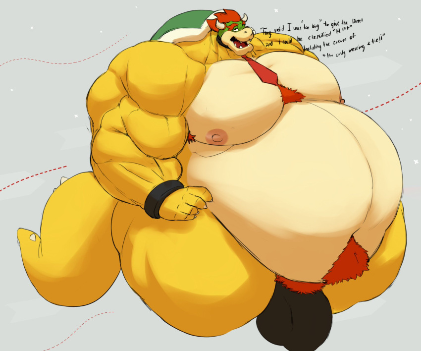 anthro bara belly bowser bulge chest_tuft color colored colored_sketch croconut fat horns huge_belly huge_bulge huge_muscles itzcharlie koopa kosmonius male_only mario_(series) muscles muscular muscular_anthro muscular_arms muscular_male nintendo nipples obese obese_anthro obese_male overweight overweight_male pubic_tuft scalie shell text thick_thighs tie underwear