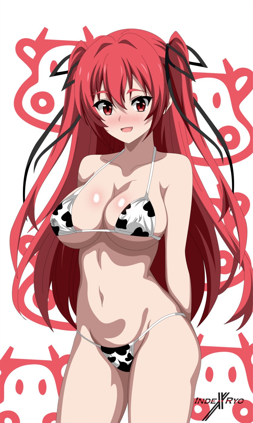 1girls animal_print arms_behind_back big_breasts bikini blush bow breasts busty cleavage covered_erect_nipples cow_print female female_only hair hair_ribbon highres indexryo large_breasts long_hair looking_at_viewer naruse_mio navel open_mouth red_eyes red_hair shinmai_maou_no_testament smile solo stomach string_bikini sweat swimsuit tail thighs underboob white_bikini