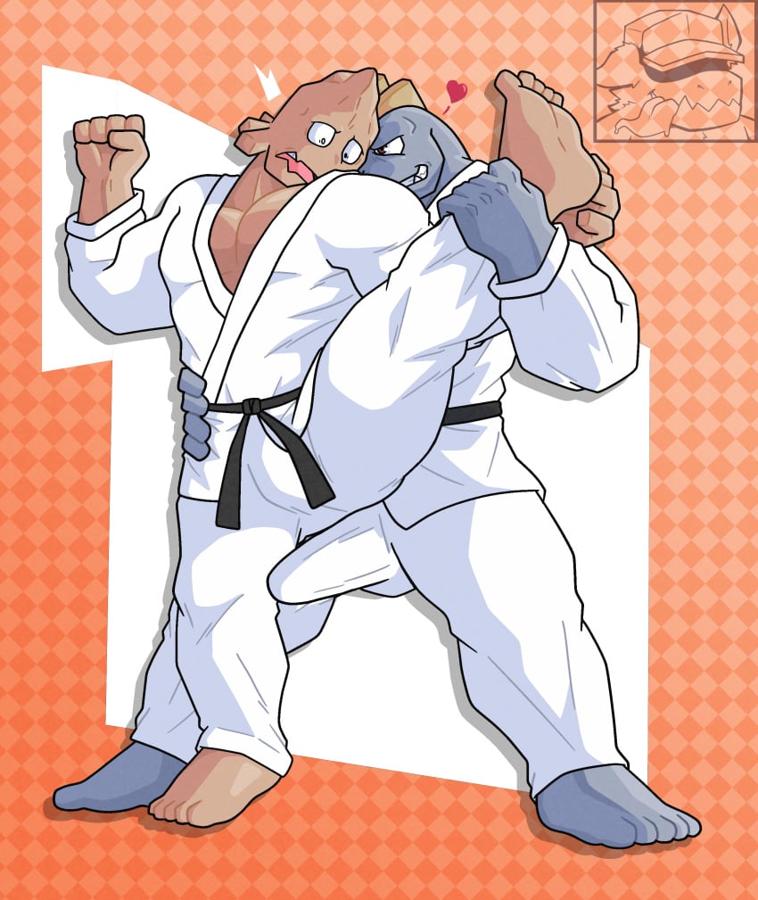 5_fingers absurd_res barefoot black_tape bottomwear breasts bulge clothing duo fangs feet fingers generation_1_pokemon hi_res human humanoid karate_belt karate_gi karate_pants koji_koda koji_kouda legs_up machoke male male/male mammal monsterfurryr34 muscular muscular_arms my_hero_academia nintendo open_mouth pants playful_expression pokemon pokemon_(species) red_eyes shocked shocked_expression simple_background simple_eyes teeth teeth_showing