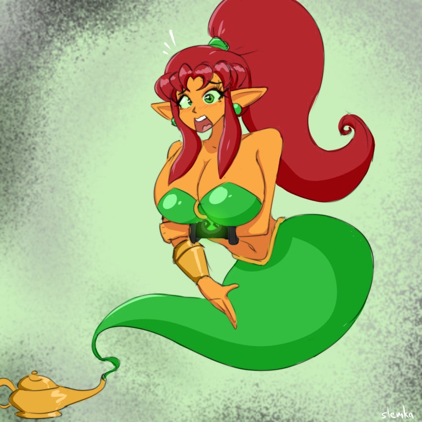 ben_10 ben_tennyson benfire breasts breasts_bigger_than_head cleavage dc dc_comics female_ben gender_transformation genderswap_(mtf) genie genie_bottle genie_girl genie_lamp gold_jewelry green_bra green_eyes koriand'r orange_skin ponytail red_hair rule_63 shocked_expression slemka starfire tamaranean teen_titans