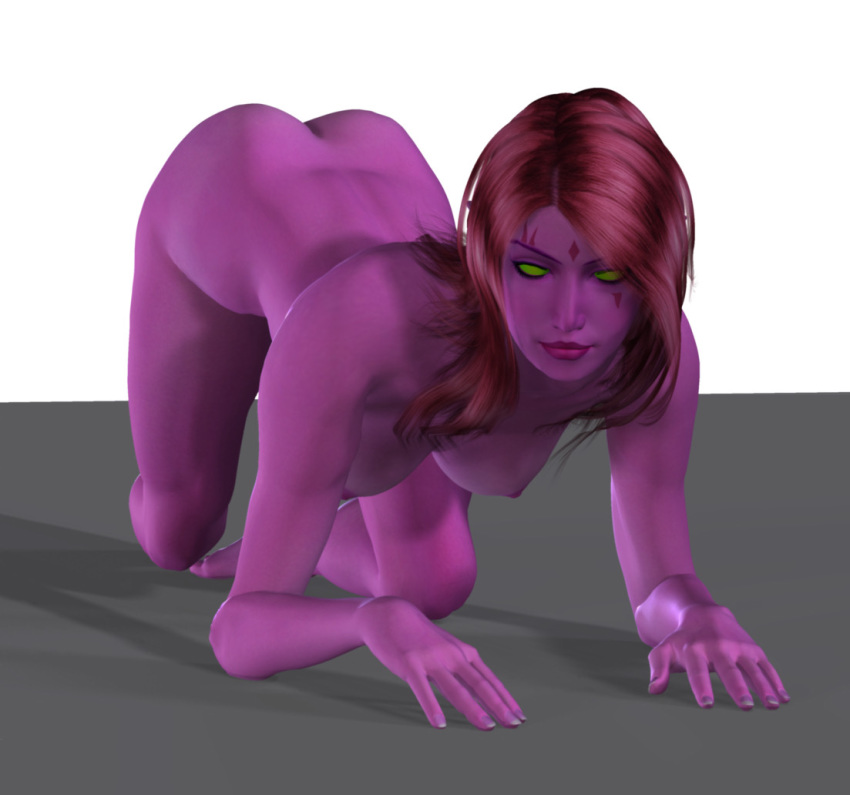 1girls 3d all_fours ass big_breasts blink_(x-men) breasts clarice_ferguson exiles female female_only green_eyes long_hair marvel nipples nude purple_skin red_hair smile solo straight_hair x-men