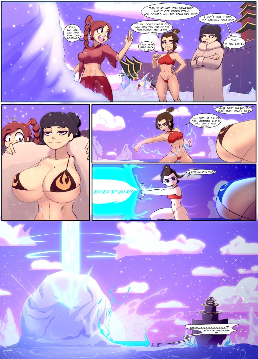 3girls avatar_legends avatar_the_last_airbender azula bikini breasts_bigger_than_head comic dgoger distracted english_text female fire_nation humor mai_(avatar) nickelodeon speech_bubble text ty_lee