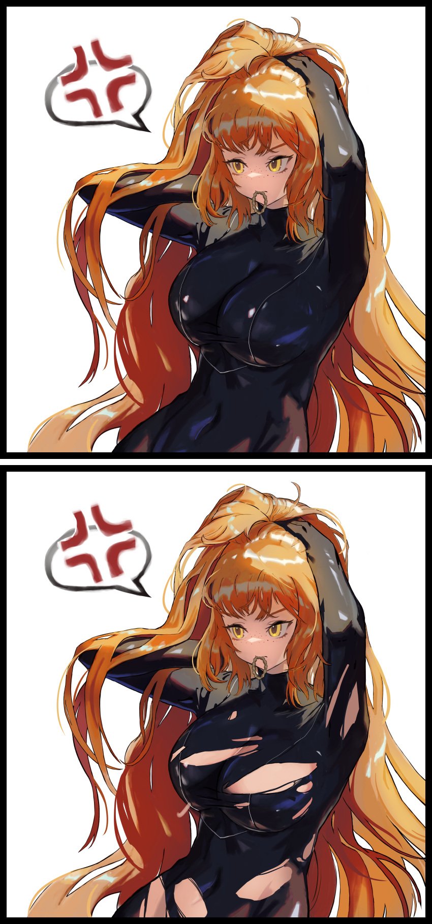 1girls annoyed big_breasts fixing_hair ginger hand_on_head ishmael_(limbus_company) limbus_company long_hair orange_hair ponytail project_moon redhead thick_thighs tight_clothing torn_clothes very_long_hair