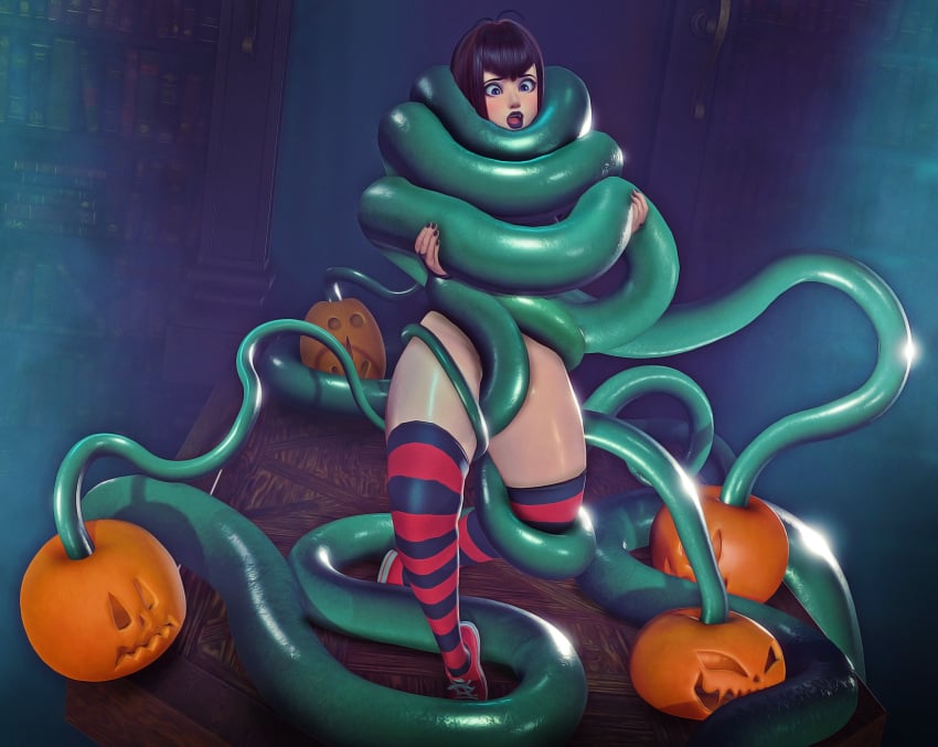 3d black_hair coiling coils constriction green_tentacles high_socks hotel_transylvania kingocrsh lipstick mavis_dracula open_mouth pumpkin restrained short_hair sneakers surprised tentacle tentacle