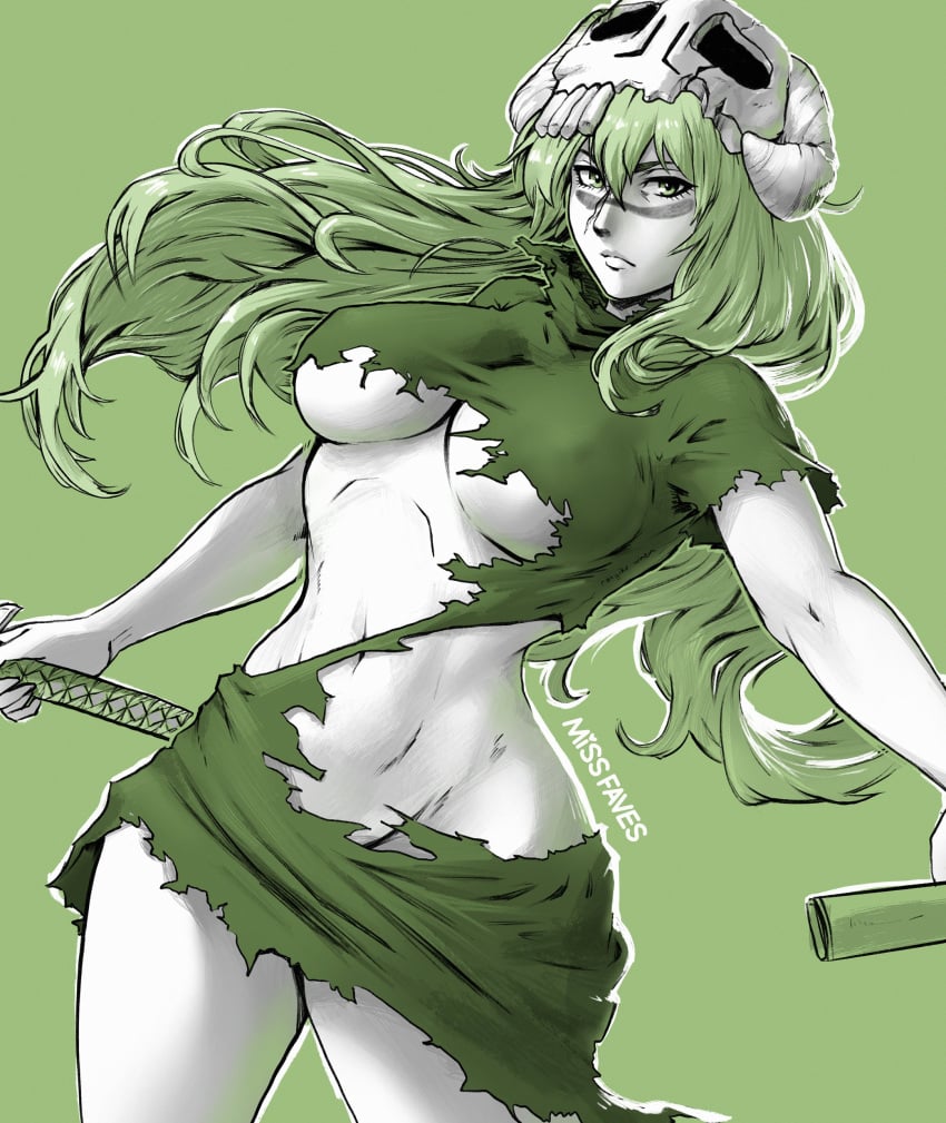 absurdres arrancar artist_name bleach breasts closed_mouth commentary dress english_commentary facial_mark female green_background green_dress green_eyes green_hair green_theme hair_between_eyes highres holding holding_sheath holding_sword holding_weapon katana long_hair looking_at_viewer missfaves navel nelliel_tu_odelschwanck perky_breasts serious sheath skull_on_head small_breasts solo sword torn_clothes torn_dress underboob weapon