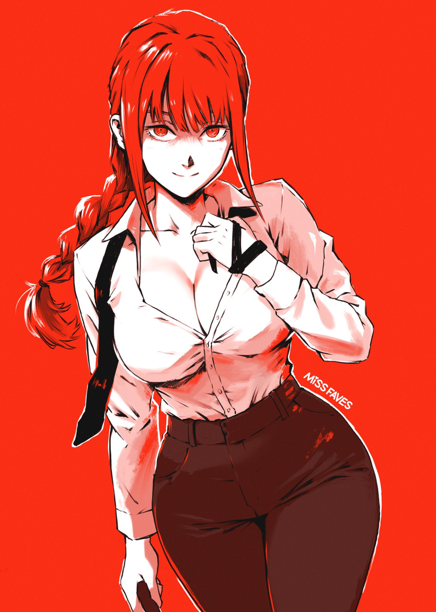 alternate_eye_color artist_name black_necktie black_pants braid braided_ponytail breasts chainsaw_man cleavage cowboy_shot female highres large_breasts legs_together long_hair looking_at_viewer makima_(chainsaw_man) missfaves necktie pants red_background red_eyes red_hair red_theme ringed_eyes shirt shirt_tucked_in solo taut_clothes taut_pants taut_shirt undone_necktie white_shirt