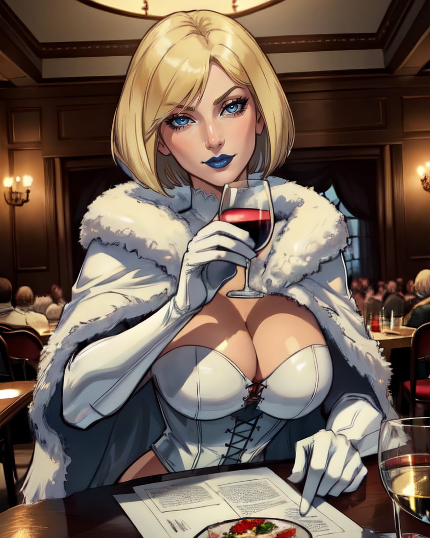 ai_generated big_breasts blonde_hair blue_eyes blue_lipstick breasts cape corset emma_frost female female_only hellfire_club large_breasts light-skinned_female light_skin magik4lyfe marvel marvel_comics opera_gloves thick_thighs thighhighs white_queen wine wine_glass x-men