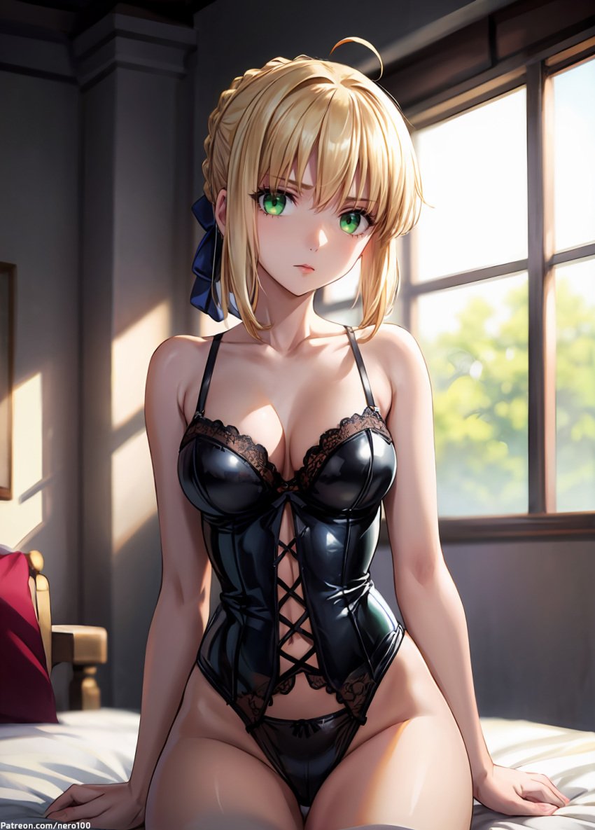 1girls 2d ai_generated artoria_pendragon athletic athletic_female belly big_breasts blonde_hair bra braid chest curvy curvy_figure cute cute_face detailed eyelashes eyeshadow fate/grand_order fate_(series) female female_only fit fit_female green_eyes high_quality large_breasts latex_clothing latex_lingerie legs light-skinned_female light_skin lingerie lips lipstick long_hair looking_at_viewer makeup mascara midriff nero100 pale-skinned_female pale_skin saber seductive seductive_look single_braid stable_diffusion tagme