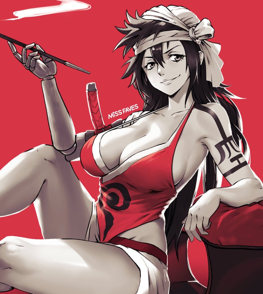 arm_tattoo artist_name black_eyes black_hair bleach breasts cleavage collarbone doll_joints elbow_rest female hair_between_eyes halterneck highres holding holding_smoking_pipe japanese_clothes joints kiseru kukaku_shiba large_breasts long_hair looking_at_viewer missfaves parted_lips prosthesis prosthetic_arm red_background red_shirt shirt sitting sleeveless sleeveless_shirt smile smoking_pipe solo tattoo