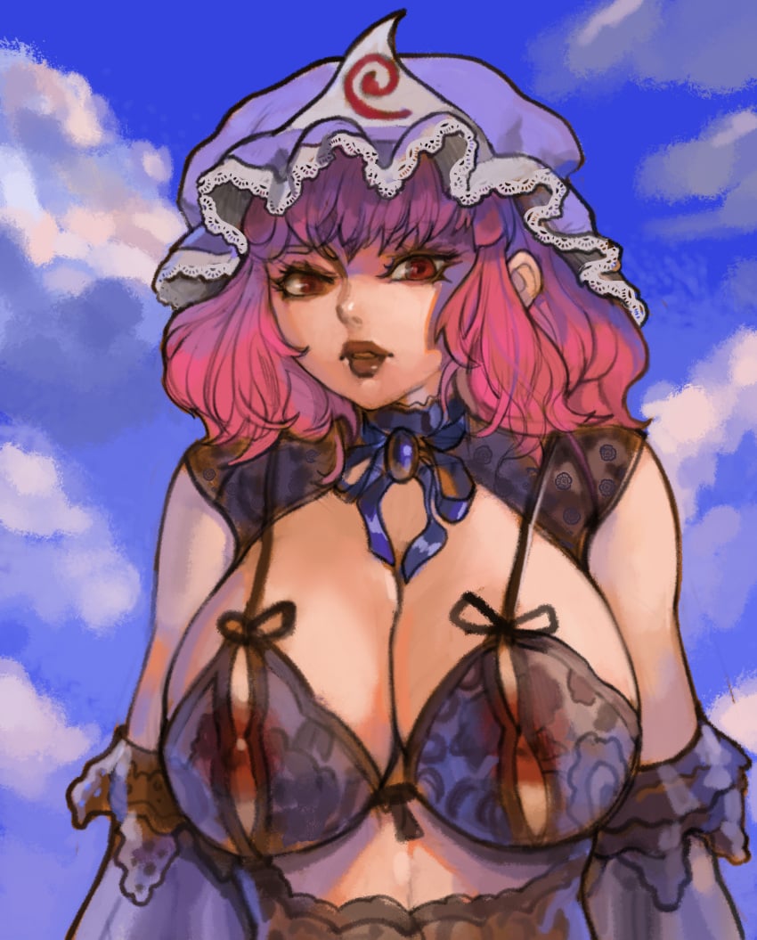 bimbo_lips huge_breasts nipples rewinderontan thick_lips touhou yuyuko_saigyouji