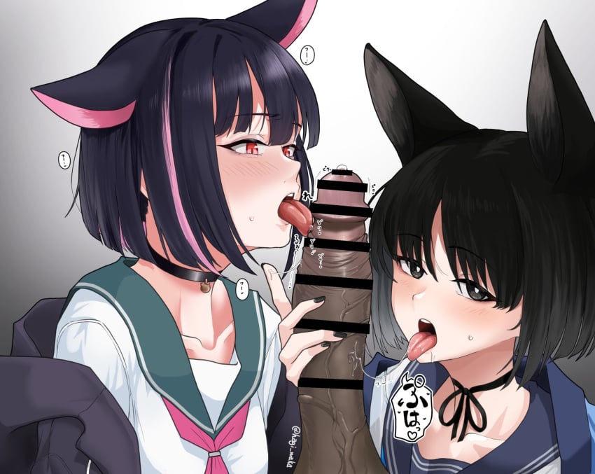 1boy 2girls after-school_sweets_club_(blue_archive) allied_hyakkiyako_academy_student animal_ears black_choker black_eyes black_hair blue_archive cat_ears cat_girl censor_bar censored choker colored_inner_hair dark-skinned_male dark_skin fellatio ffm_threesome highres huge_cock hyakkaryouran_conflict_resolution_council_(blue_archive) kazusa_(blue_archive) kikyou_(blue_archive) licking licking_penis light-skinned_female light_skin multicolored_hair multiple_girls nail_polish neckerchief open_mouth oral penis pink_hair pink_neckerchief precum red_eyes saliva school_uniform serafuku short_hair threesome tongue tongue_out trinity_general_school_student two-tone_hair yahagi_takahiko