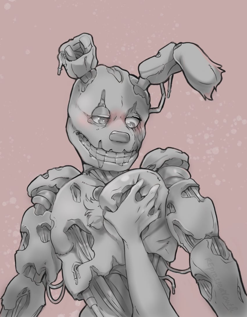 1boy 2023 blush blush breast_grab breasts bunny_ears damaged digital_drawing_(artwork) digital_media_(artwork) five_nights_at_freddy's five_nights_at_freddy's_3 fnaf grabbing looking_down male male_only monochrome moob_grab moobs offscreen_character pov_hands rabbit_ears repressed_youth scottgames simple_background solo solo_focus solo_male springtrap springtrap_(fnaf) william_afton