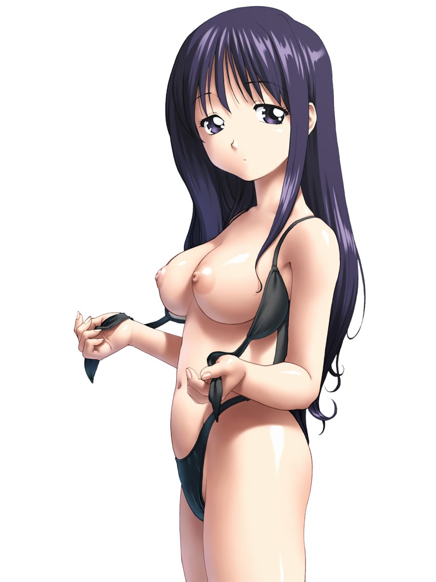 1girls big_breasts bikini breasts busty circle_garyuu female female_only from_side highleg highleg_bikini highres kurusugawa_serika large_breasts legs long_hair looking_at_viewer navel nipples presenting purple_eyes purple_hair sensual solo swimsuit thighs thong_bikini to_heart to_heart_(series) topless untied_bikini