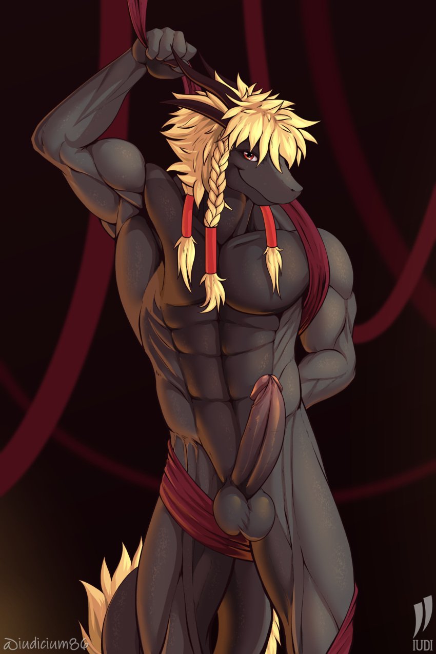 abs anthro balls blonde_hair braided_hair dragon erection exposed_armpit foreskin genitals hair hi_res humanoid_genitalia iudicium86 male muscular penis raised_arm retracted_foreskin ribbons solo