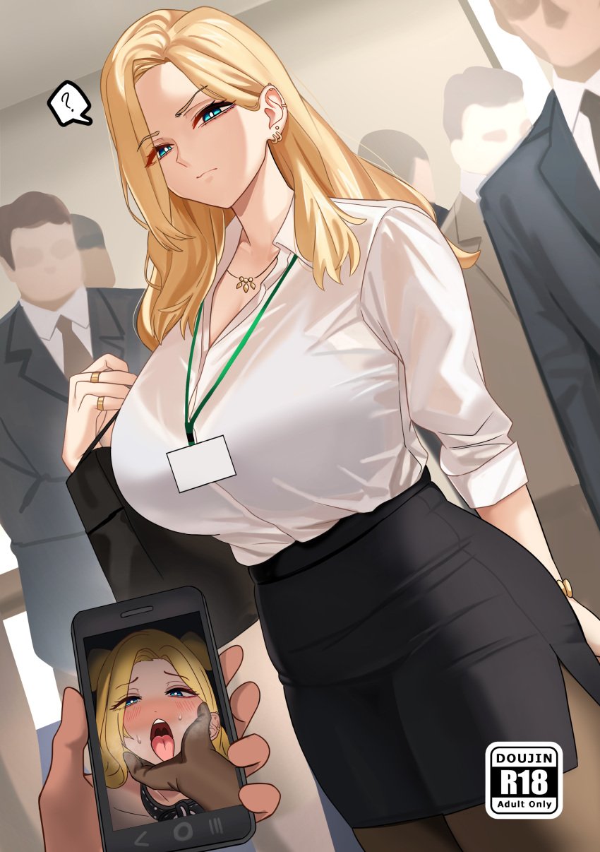 ahe_gao ahegao big_breasts blackmail blonde_hair blush collar dark-skinned_male earrings juxtaposition milf neige_(pixiv6850453) office_lady original original_character pencil_skirt phone photo_(object) photo_comparison see-through tongue_out