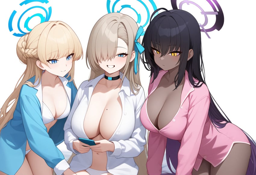 3girls ai_generated asuna_(blue_archive) black_hair blonde_hair blue_archive blue_eyes blue_hair_ribbon blue_halo choker cleaning_&_clearing_(blue_archive) cleavage dark-skinned_female detached_collar females_only french_braid gradient_hair karin_(blue_archive) large_breasts light_brown_hair light_smile looking_at_another medium_breasts millennium_science_school_student mole_on_breast on_bed pijama purple_halo shirt shirt_open short_hair single_hair_bun slit_pupils smartphone smile talking_to_another toki_(blue_archive) very_long_hair white_bra white_panties yellow_eyes