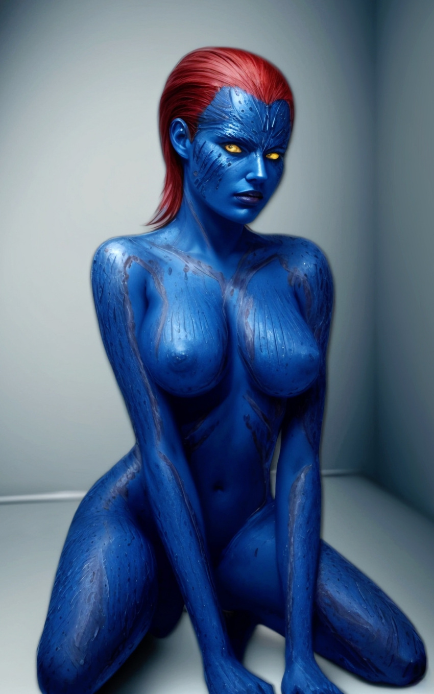 1girls 3d ai_generated blue_skin breasts female looking_at_viewer mad-tv marvel marvel_comics medium_breasts mystique nipples realistic red_hair simple_background solo squatting stable_diffusion tagme x-men x-men_(movie_series) yellow_sclera