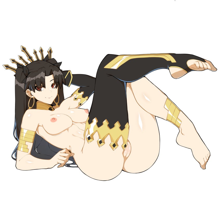 1girls black_hair blush breasts fate/grand_order fate_(series) ishtar_(fate) legs long_hair looking_at_viewer lying pussy red_eyes shiny_skin simple_background smile terebozu92 twintails