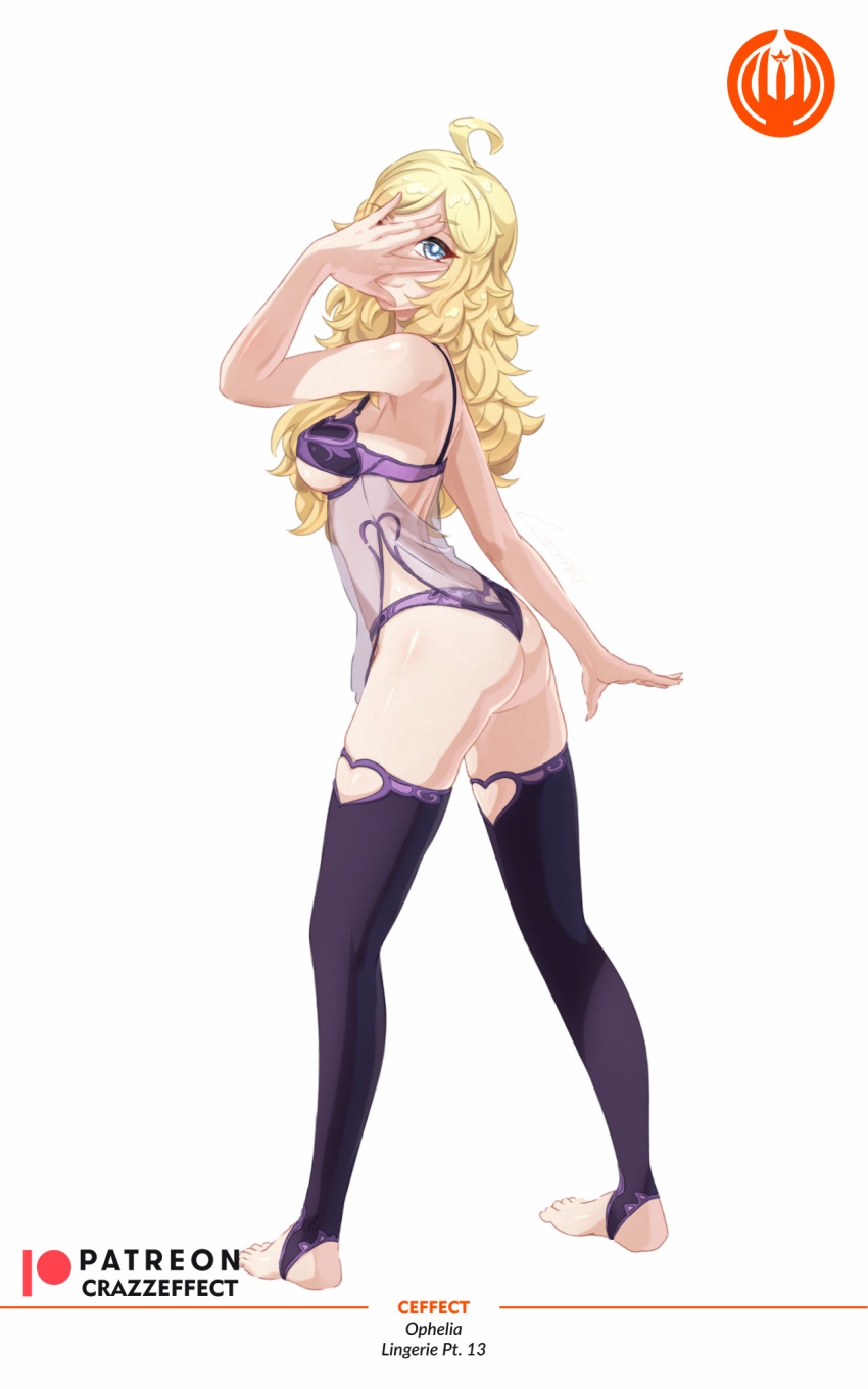 1girls ahoge alternate_breast_size armpits ass back bare_arms bare_back bare_thighs barefoot big_ass blonde_hair bra breasts covering_face crazzeffect female female_only fire_emblem fire_emblem_fates full_body lingerie long_hair medium_breasts nightgown nintendo ophelia_(fire_emblem) panties pose purple_panties see-through smile solo teenager thighhighs thighs white_background